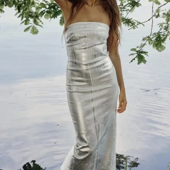 Zara Dresses & Skirts - Zara Silver Strapless Midi Dress